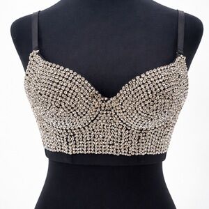 Rhinestone Bustier Bra Top Black Crystal Bling Festival Rave Clubwear Y2K vibes